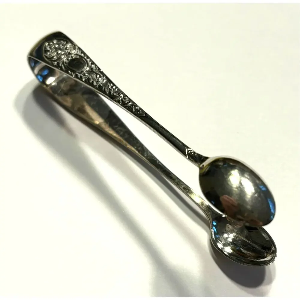 English silver sugar cube tongs EPNS spoon shaped Art Nouveau floral vintage